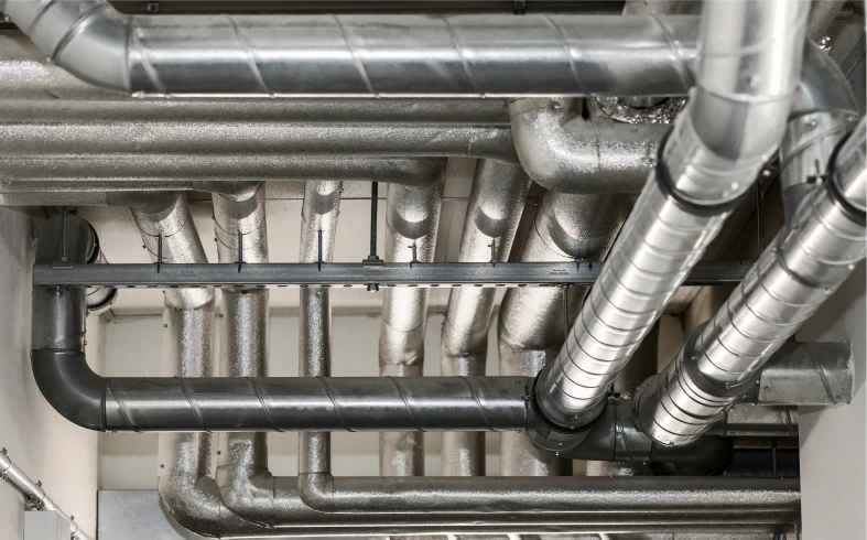 Overhead view of interconnected metal pipes