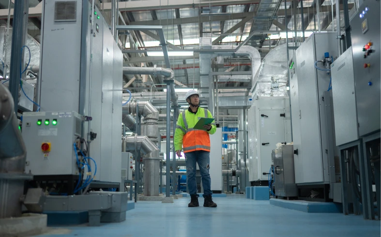 Factory worker inspecting machinery