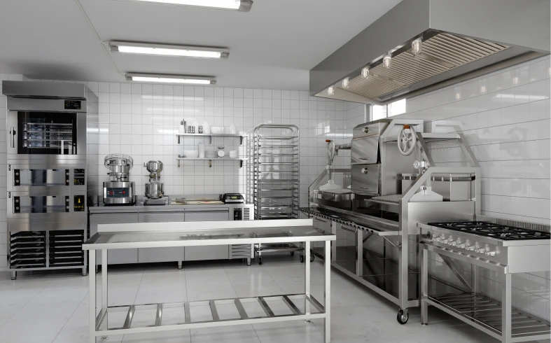 Commercial kitchen with stainless steel equipment